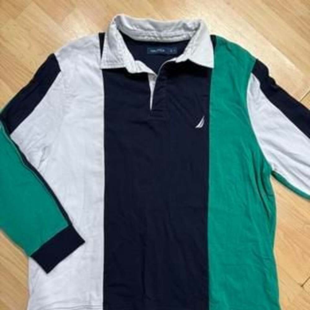 Vintage Nautica Colorblock Long Sleeve Polo Shirt - Navy, Green, White